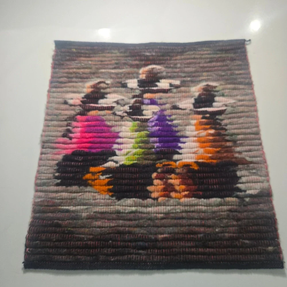 Vintage Peruvian Handwoven Wool Tapestry 20x20 Wall Hanging Las Chismosas Art